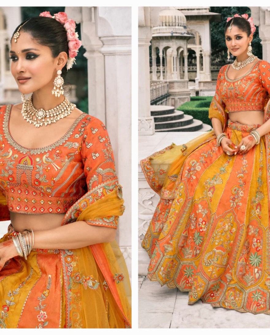 Orange - Pumpkin Orange & Yellow Fancy Silk Lehenga Choli With Cut Work Embroidery Border & Stone Work